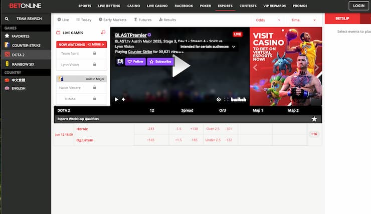 A snapshot of BetOnline, one of our top rated Dota 2 betting sites.